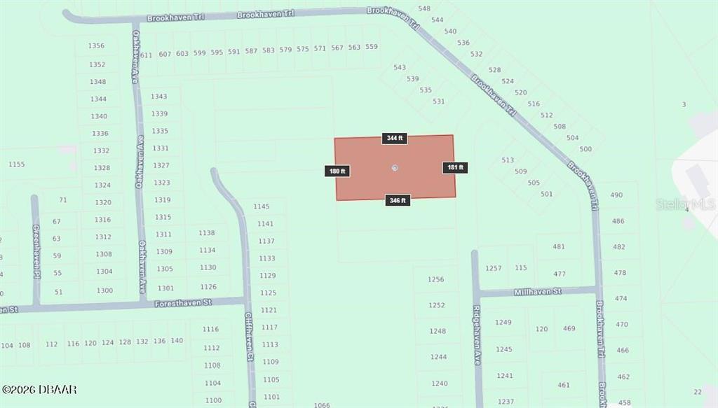 This image is a map showing a rectangular property lot with dimensions labeled in feet — 0 RIDGEHAVEN AVENUE, ORMOND BEACH, FL