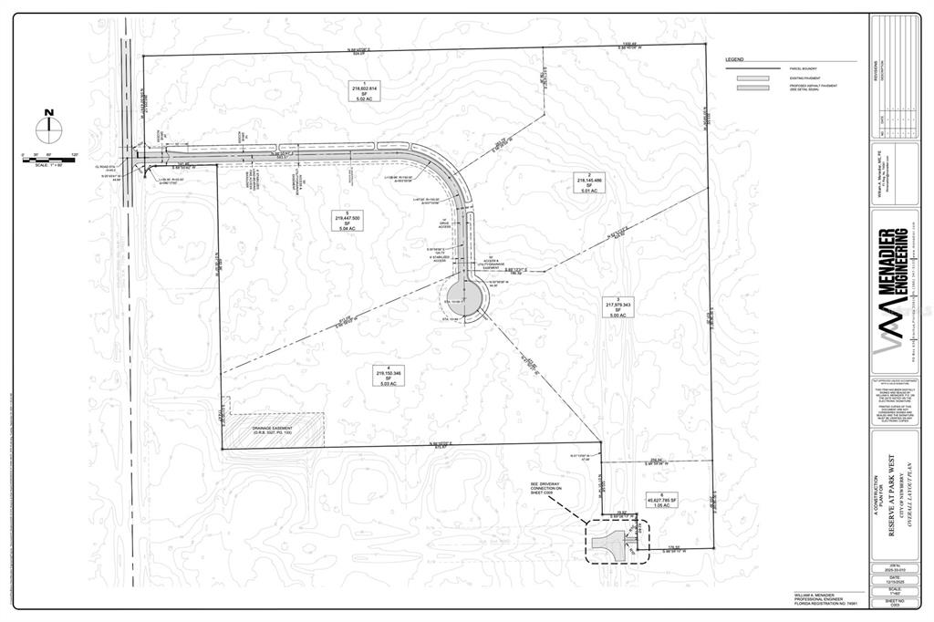 This is an engineering site plan showing the proposed layout for a residential development — Lot 1 NW 170TH STREET, NEWBERRY, FL
