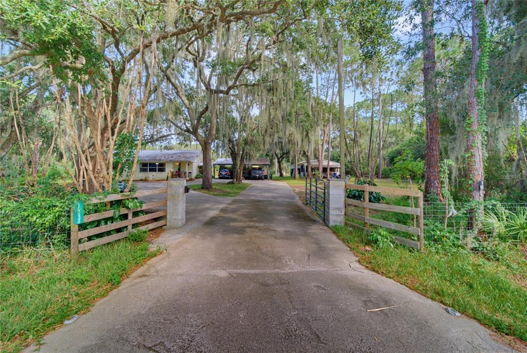 A concrete driveway leads through a wooden gate toward a house shaded by large trees — 10930 CAMP MACK ROAD, LAKE WALES, FL