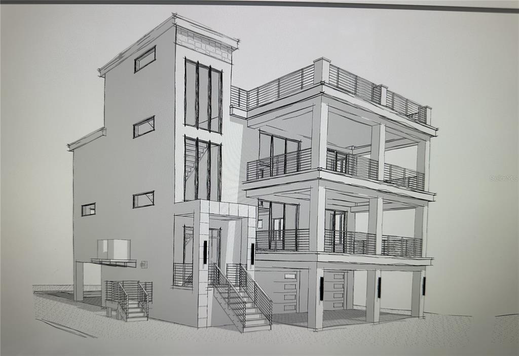 This is an architectural rendering of a modern three-story home with multiple balconies and stairs — 1645 SANTA BARBARA DRIVE, DUNEDIN, FL