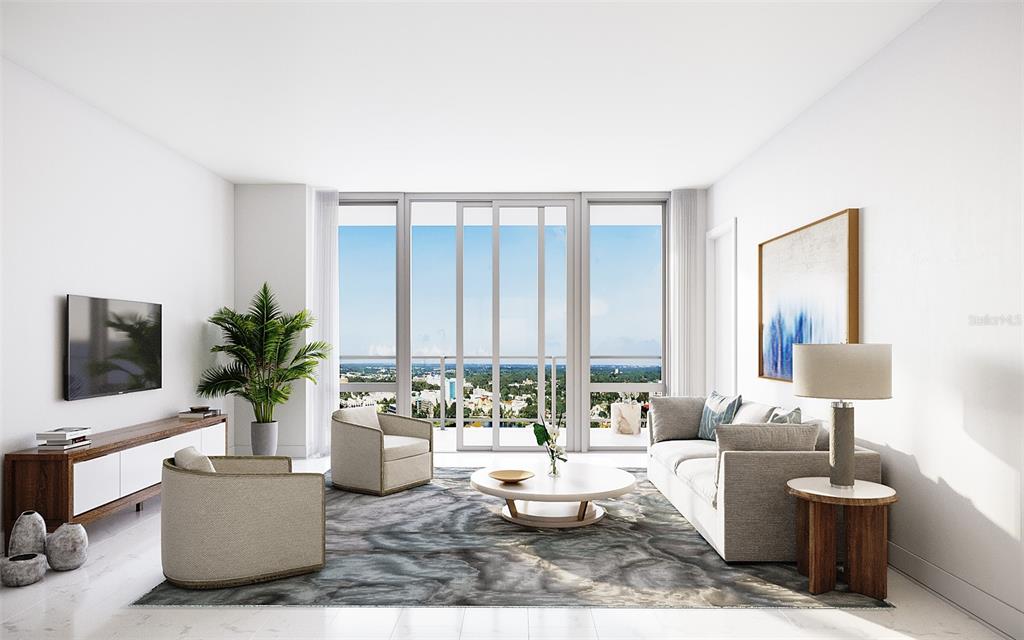 This rendering shows a modern living room with floor-to-ceiling windows and a city view — 400 CENTRAL AVENUE UNIT 1103, ST PETERSBURG, FL