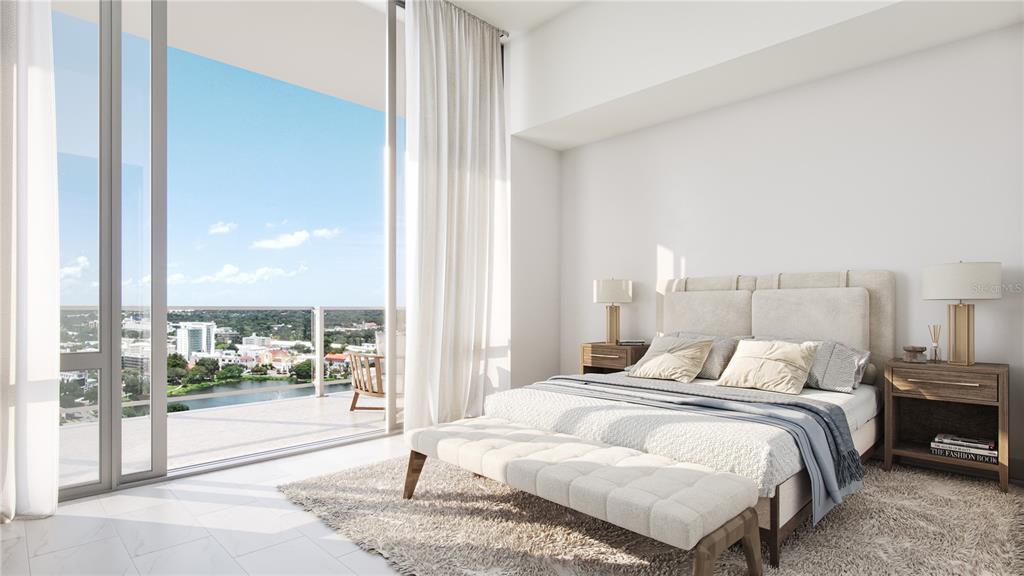This is a rendering of a modern bedroom with a balcony overlooking a lake and city — 400 CENTRAL AVENUE UNIT 1103, ST PETERSBURG, FL
