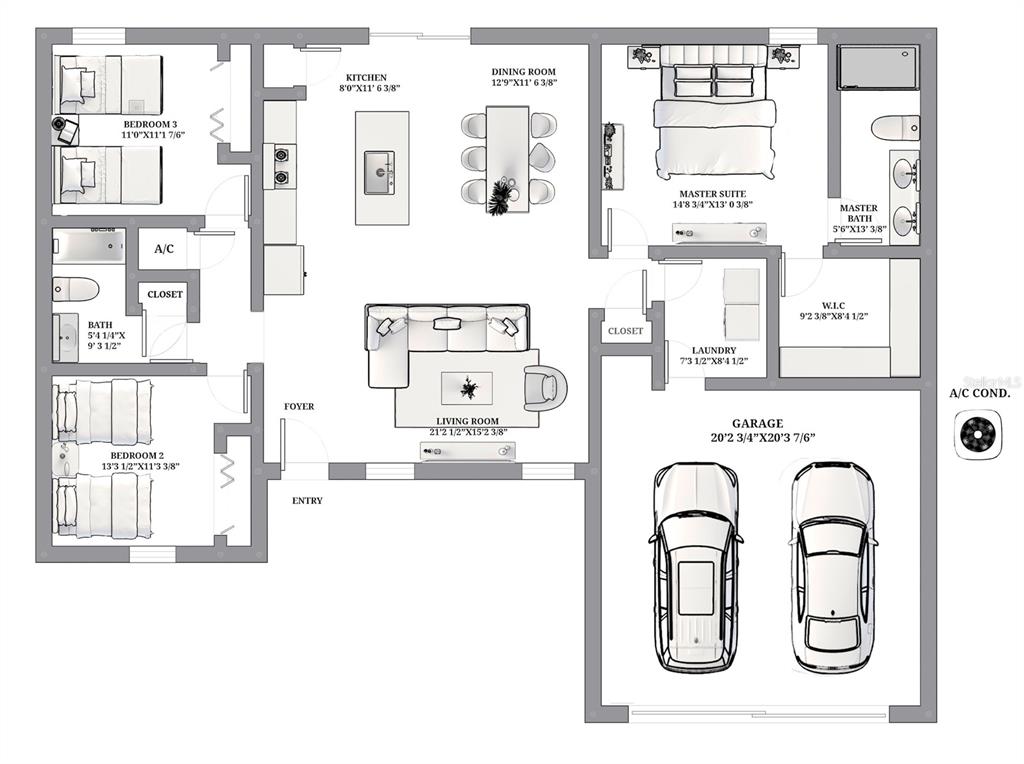 This is a floor plan for a three-bedroom house with a two-car garage — 13825 SW 33RD COURT ROAD, OCALA, FL