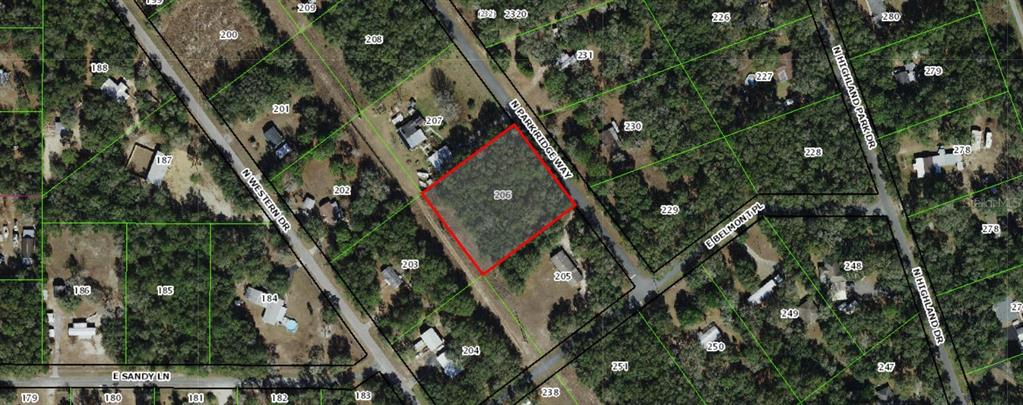This is an aerial map showing a highlighted vacant lot surrounded by wooded residential properties — 5642 N PARK RIDGE WAY, HERNANDO, FL