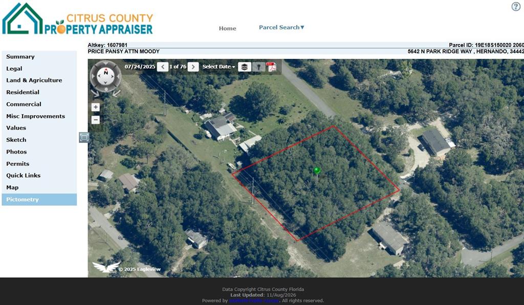 An aerial map view shows a wooded, rectangular parcel of land outlined in red — 5642 N PARK RIDGE WAY, HERNANDO, FL