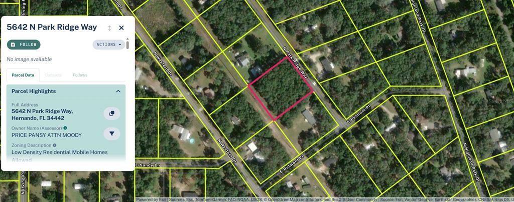 This is a satellite map showing a highlighted parcel of land in a residential area — 5642 N PARK RIDGE WAY, HERNANDO, FL
