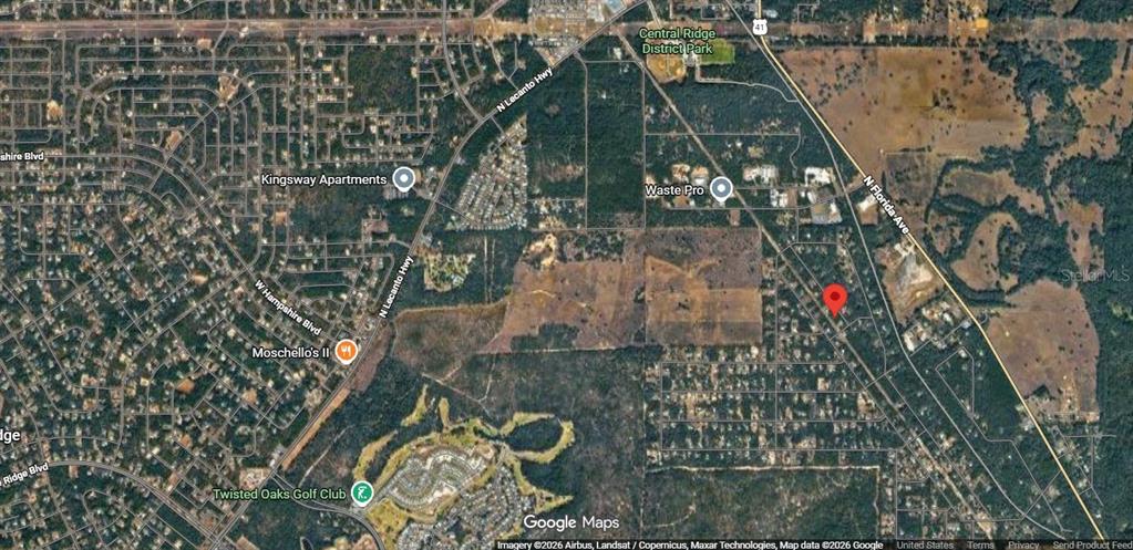This is a satellite map showing a residential area near N Lecanto Hwy and Florida Ave — 5642 N PARK RIDGE WAY, HERNANDO, FL