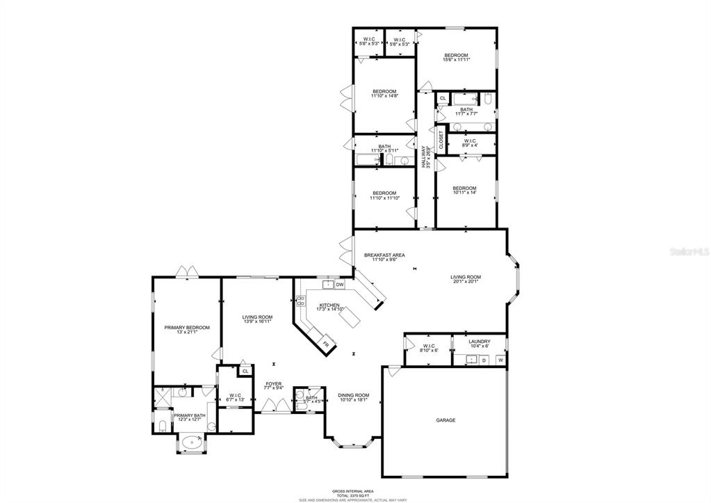This is a floor plan for a single-story house with a garage and multiple bedrooms — 464 E LIBERTY STREET, HERNANDO, FL
