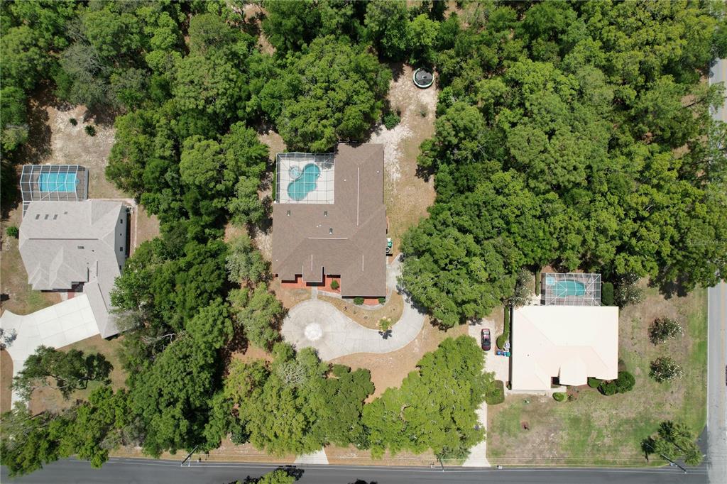 An aerial view shows three houses with swimming pools surrounded by dense trees and greenery — 464 E LIBERTY STREET, HERNANDO, FL