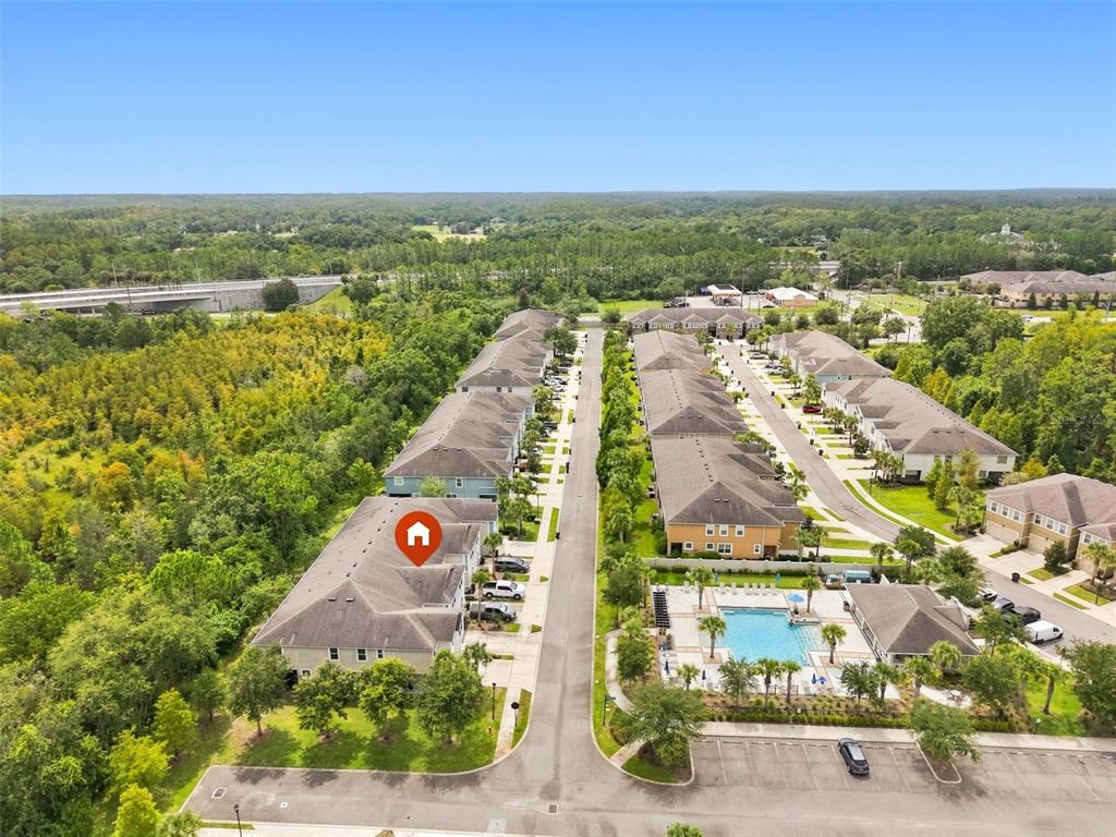 An aerial view shows a residential townhouse complex with a community pool and surrounding woods — 17871 STELLA MOON PLACE, LUTZ, FL