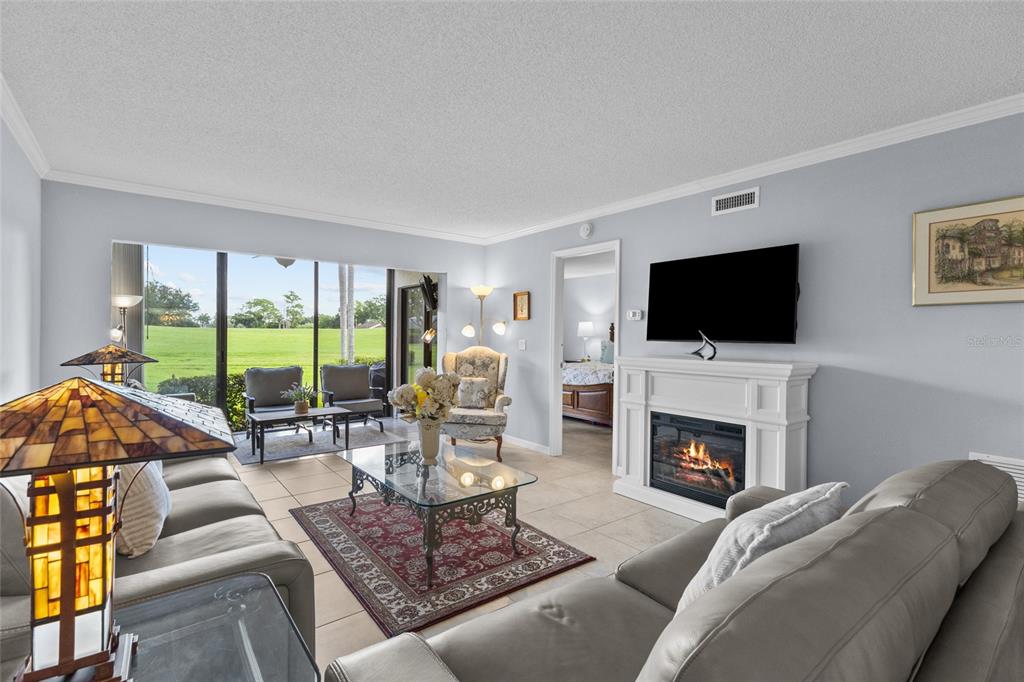 A living room features a fireplace, a television, tile flooring, and a view of greenery — 6211 TIMBER LAKE DRIVE UNIT B1, SARASOTA, FL