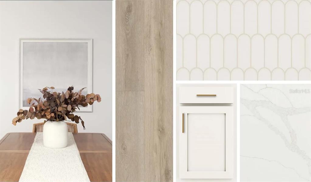 This interior design rendering displays a material palette of light wood flooring, cabinetry, and tile — 13325 LUSH LIME ALLEY, WINDERMERE, FL