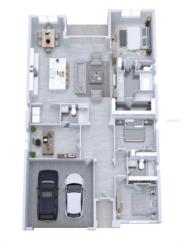 This is a 3D floor plan of a single-story home with a two-car garage — 421 BAHAMA GRANDE BOULEVARD, APOLLO BEACH, FL
