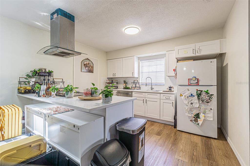 A kitchen features white cabinets, a quartz-topped island, stainless steel appliances, and wood-look flooring — 402 EUNICE DRIVE, PLANT CITY, FL
