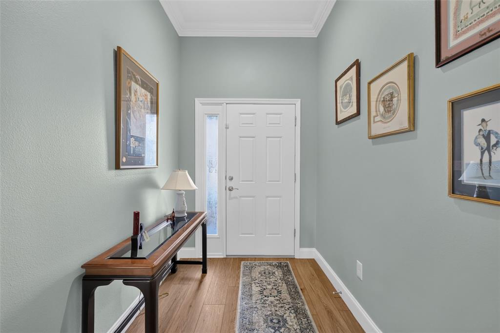 An entryway features light blue walls, wood flooring, a console table, and framed wall art — 3305 FINK STREET, THE VILLAGES, FL