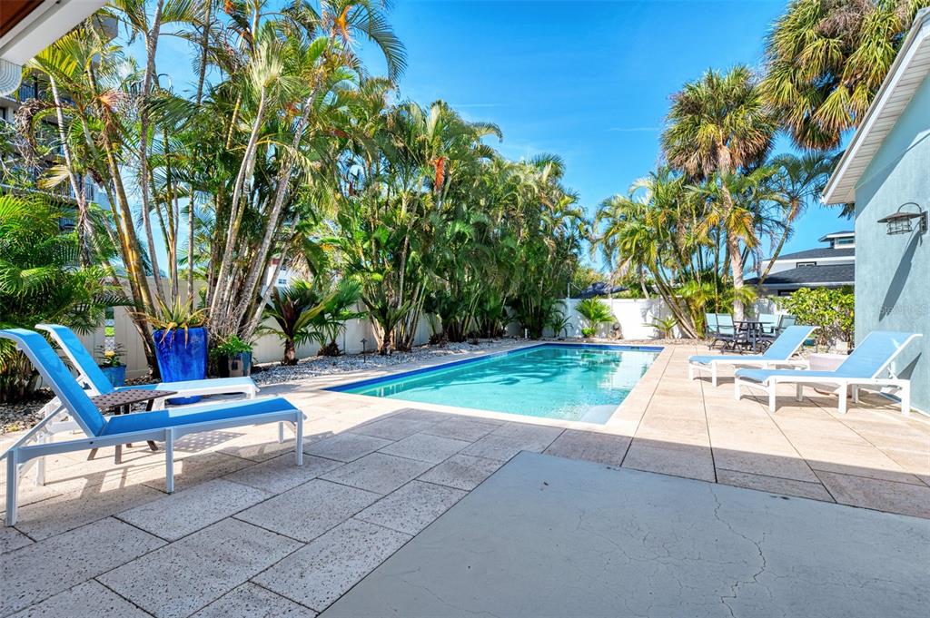 A rectangular swimming pool sits on a stone patio surrounded by palm trees and lounge chairs — 5628 CAPE LEYTE DRIVE, SARASOTA, FL
