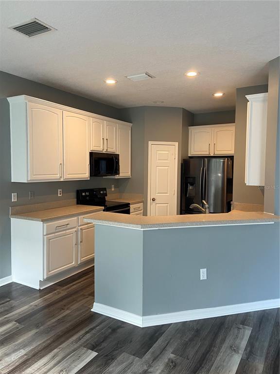 A kitchen features white cabinetry, stainless steel appliances, and a peninsula counter over wood flooring — 27546 PLEASURE RIDE LOOP, WESLEY CHAPEL, FL