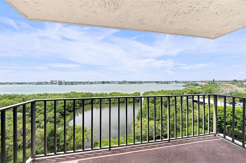 A balcony with a metal railing overlooks a mangrove forest and a large body of water — 7050 SUNSET DRIVE S UNIT 610, SOUTH PASADENA, FL