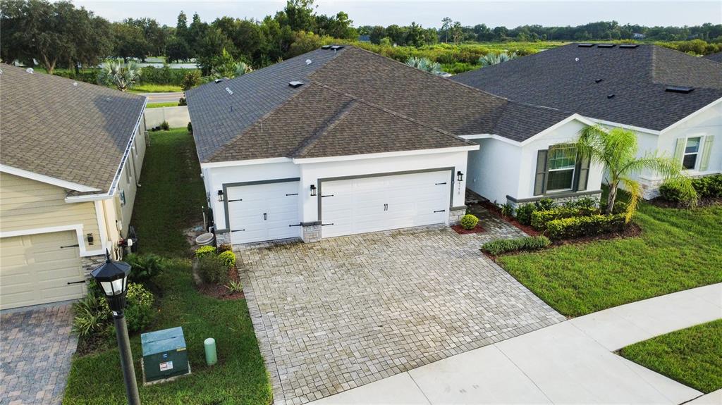 A white stucco house with a two-car garage, a palm tree, and a landscaped front yard — 23278 SCAGLIONE DRIVE, LUTZ, FL