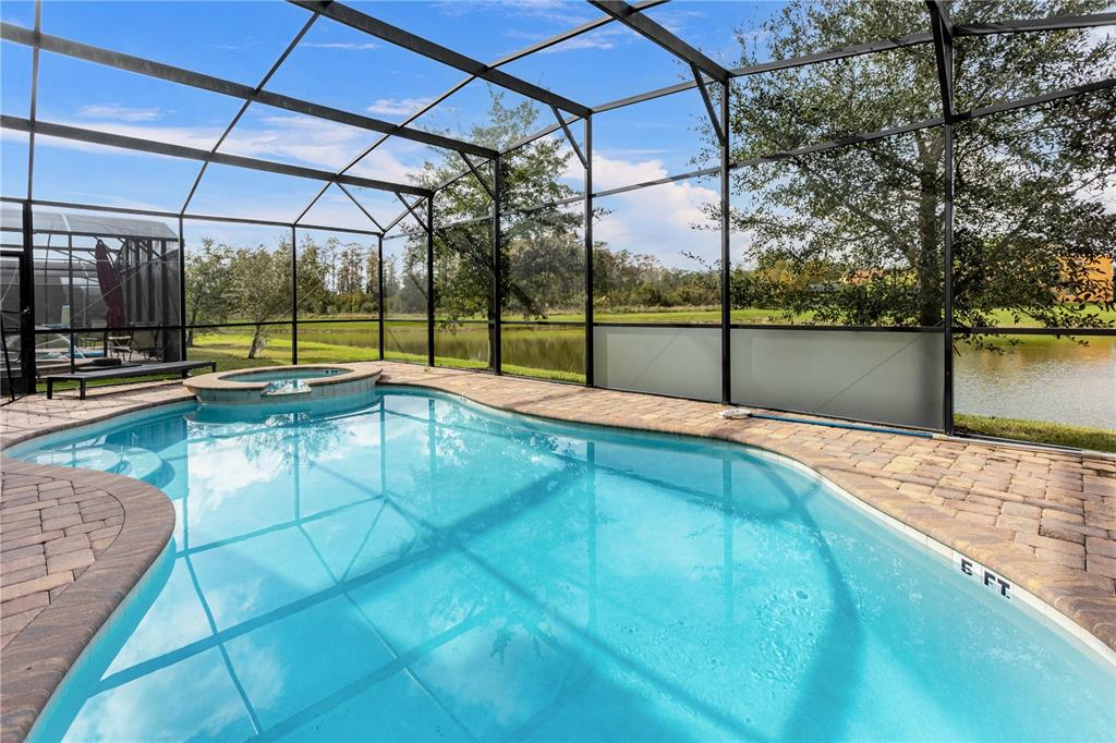 A swimming pool and spa are enclosed within a screened lanai overlooking a pond — 2580 SHANTI DRIVE, KISSIMMEE, FL