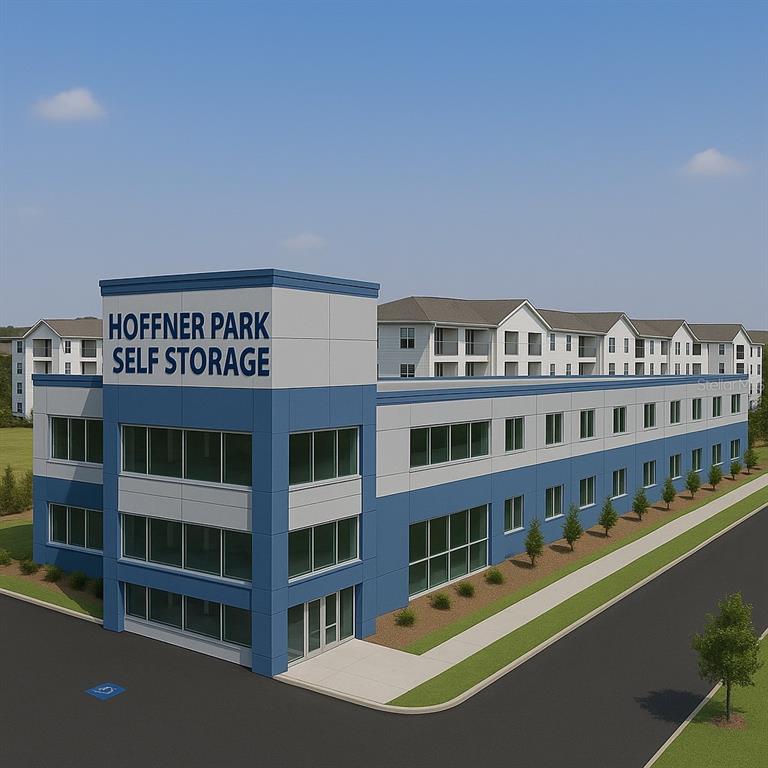 This is a digital architectural rendering of a three-story Hoffner Park Self Storage building — 5177 HOFFNER AVENUE, ORLANDO, FL