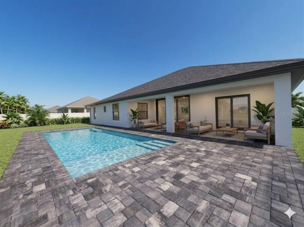This is a rendering of a house exterior featuring a swimming pool and a paved patio — 7 KASHGAR COURT, PALM COAST, FL