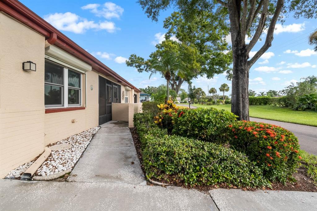 A beige house exterior features a concrete walkway, landscaped bushes, and a large shade tree — 2519 LONIGAN PLACE, SUN CITY CENTER, FL