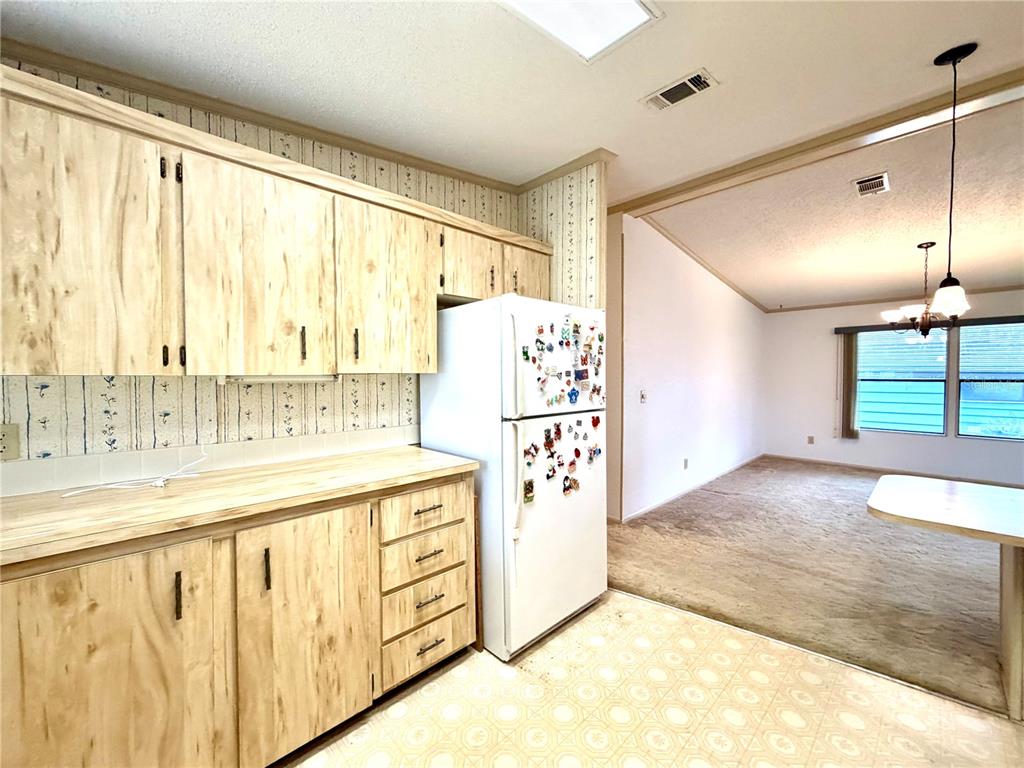 A kitchen with wood-look cabinets and patterned wallpaper opens into a carpeted living area — 3014 RAINBOW ROAD, TAVARES, FL