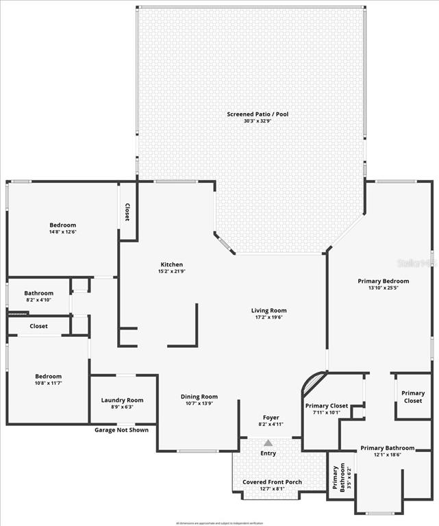This floor plan shows a house layout with a living room, kitchen, and screened patio — 11 CRESCENT LAKE WAY, ORMOND BEACH, FL