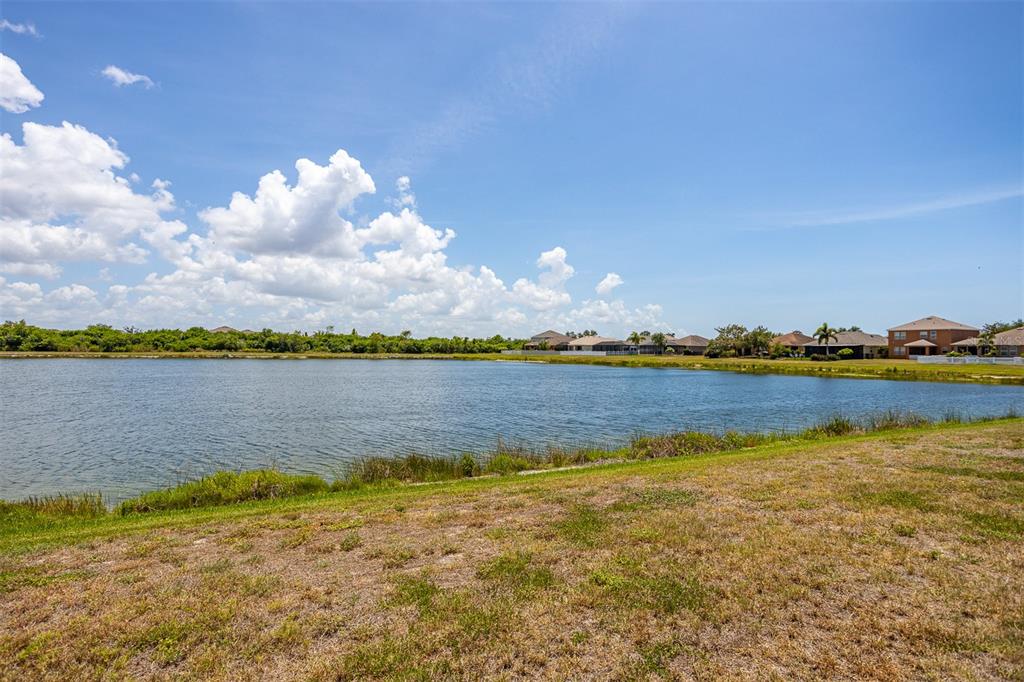 A grassy bank overlooks a large pond with residential houses in the background — 905 PARKER DEN DRIVE, RUSKIN, FL
