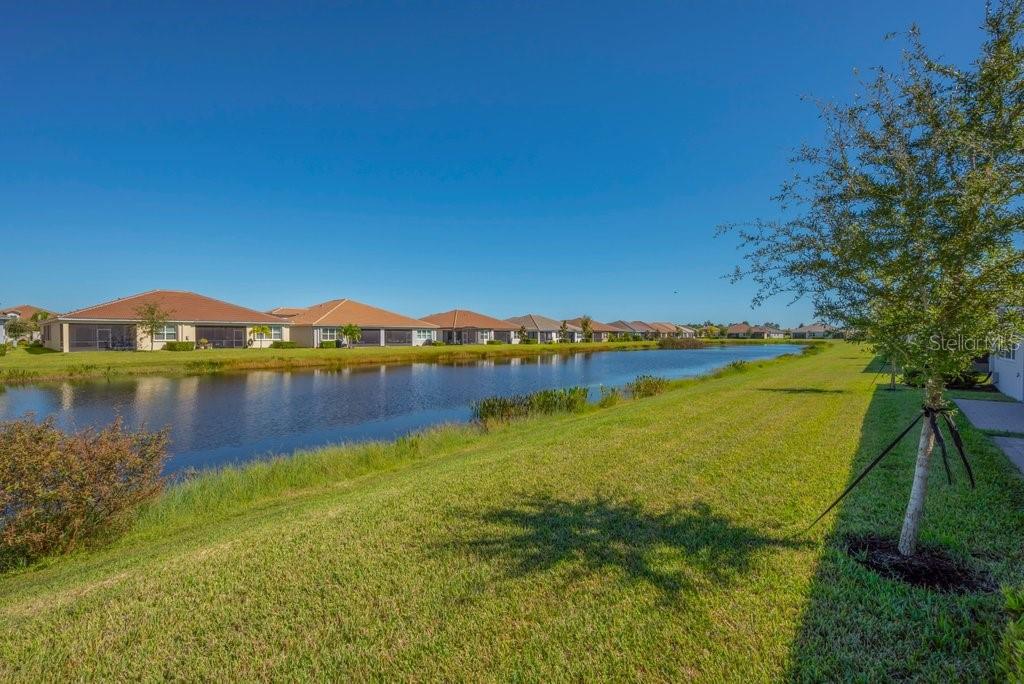 A view of a pond behind suburban houses under a clear blue sky — 4922 SIENNA ISLES AVENUE, WIMAUMA, FL