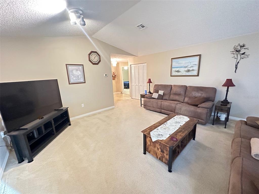 A living room features beige carpet, a brown sofa, a television, and a coffee table — 32905 TIMBERWOOD DRIVE, LEESBURG, FL
