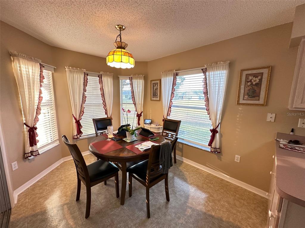A dining area features a round wooden table, four chairs, and a stained-glass pendant light — 32905 TIMBERWOOD DRIVE, LEESBURG, FL