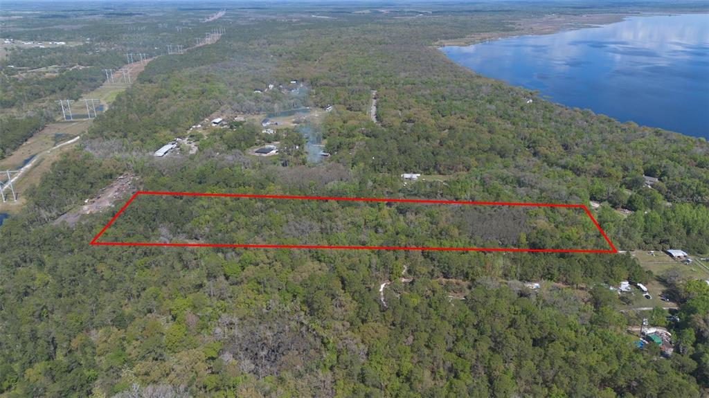 An aerial view shows a rectangular plot of land outlined in red amidst dense forest — JUNGLE ROAD, GENEVA, FL