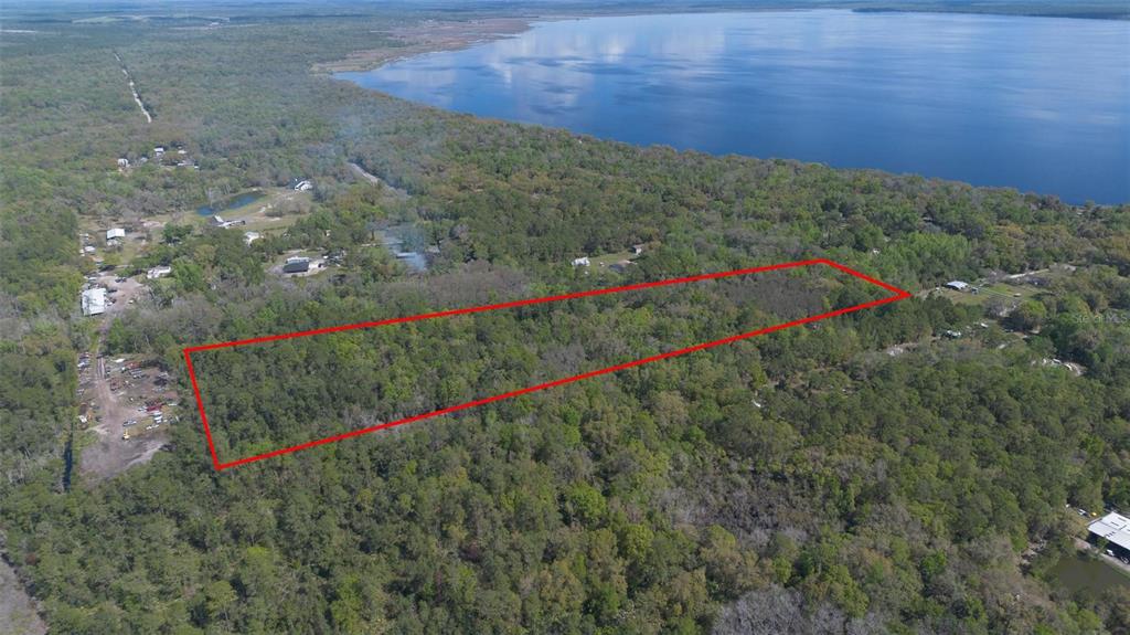 An aerial view shows a rectangular plot of land outlined in red near a lake — JUNGLE ROAD, GENEVA, FL
