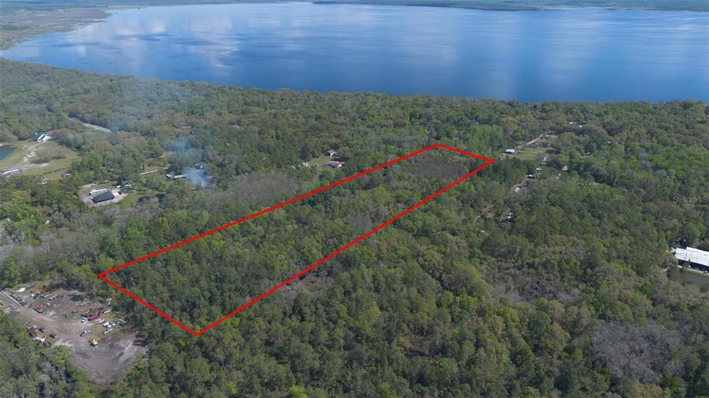 An aerial view shows a rectangular plot of land outlined in red near a lake — JUNGLE ROAD, GENEVA, FL