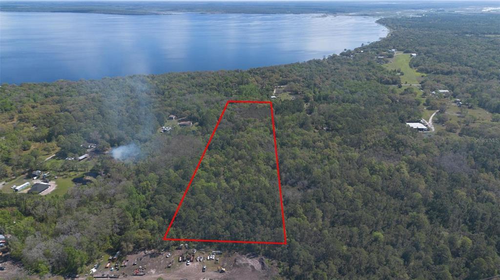 An aerial view shows a wooded lot outlined in red near a large lake — JUNGLE ROAD, GENEVA, FL
