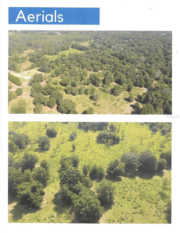 Two aerial views show a rural landscape with scattered trees and open grassy fields — HWY 44, EUSTIS, FL