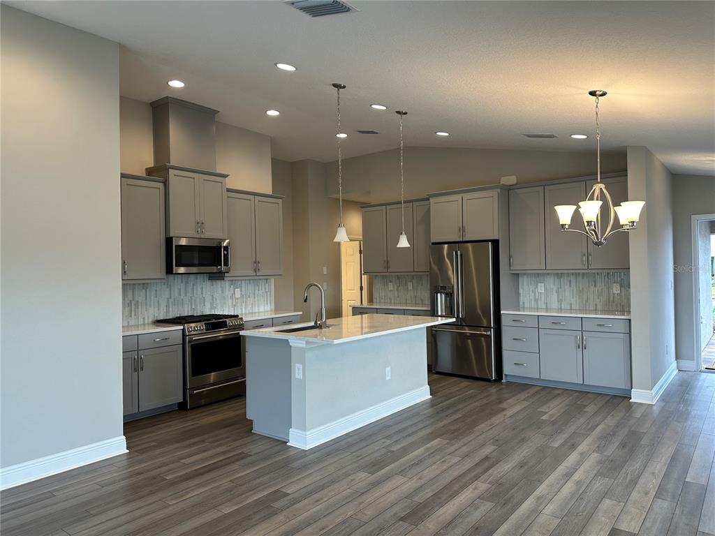 A modern kitchen features gray cabinets, stainless steel appliances, a center island, and wood-look flooring — 12533 OAK HILL WAY, PARRISH, FL