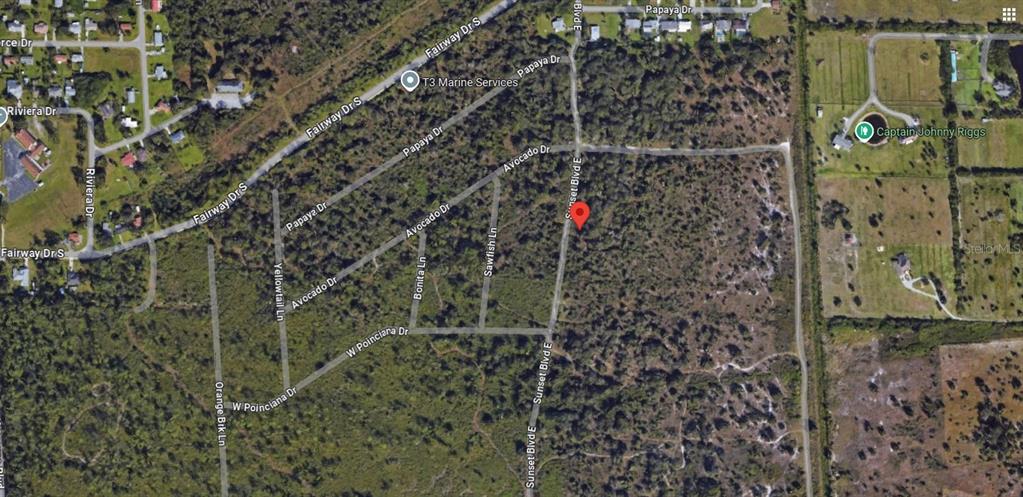 This is an aerial map view of a wooded residential area with undeveloped dirt roads — 730 SUNSET BOULEVARD E, PUNTA GORDA, FL