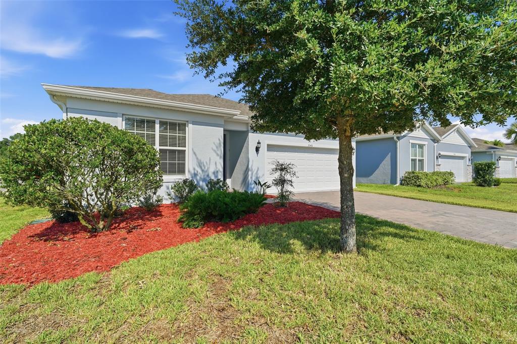A single-story house with a white garage, light-colored siding, and a landscaped front yard — 3545 TREETOP STREET, DELAND, FL