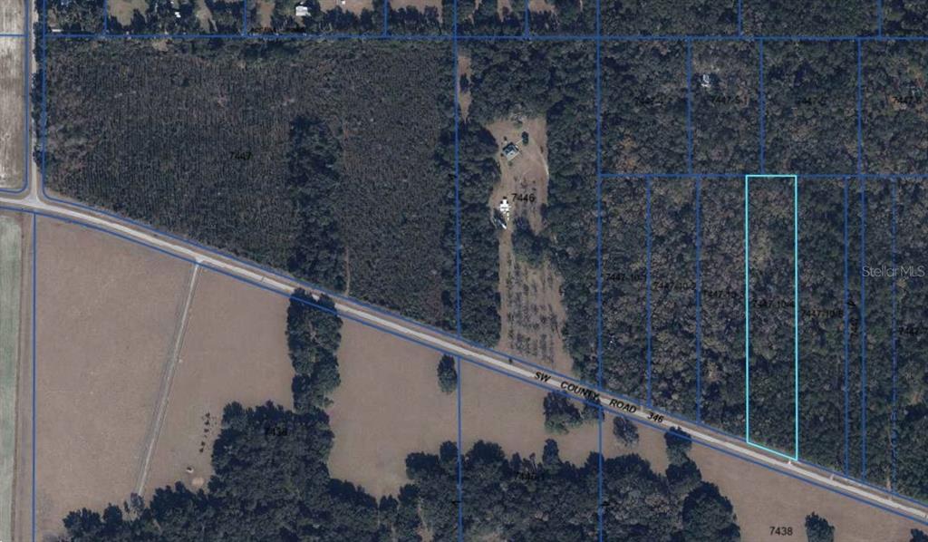 An aerial map shows a rectangular parcel of land highlighted in blue along a road — 7922 SW COUNTY ROAD 346, ARCHER, FL