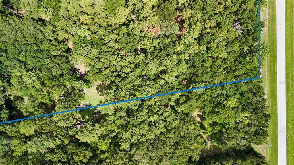 An aerial view shows a wooded lot with a blue property boundary line — 7922 SW COUNTY ROAD 346, ARCHER, FL
