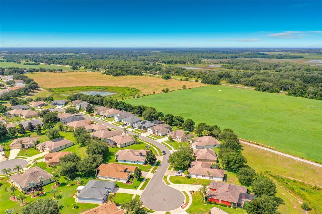An aerial view shows a suburban neighborhood bordered by large open fields and green space — 25543 MAUREPAS LANE, LEESBURG, FL