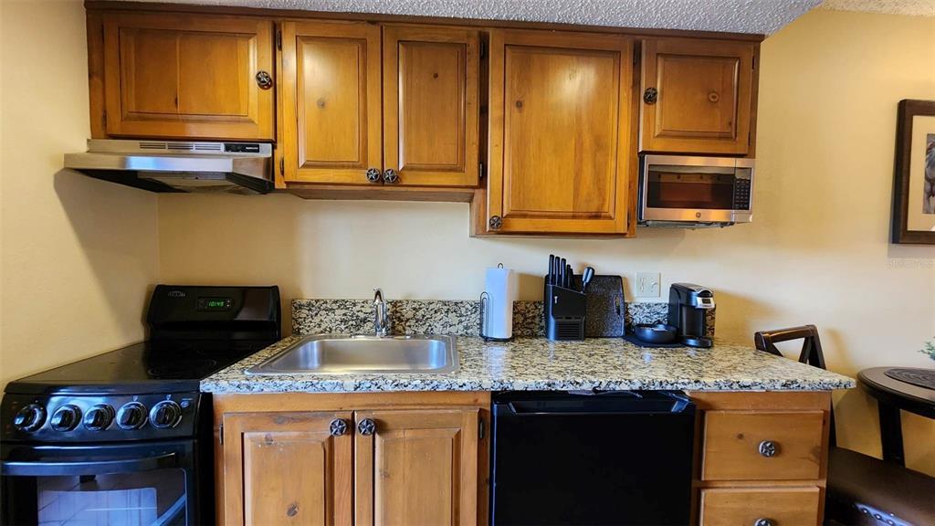 A kitchen features wood cabinets, granite countertops, a stainless steel sink, and black appliances — 3200 RIVER RANCH BOULEVARD UNIT 151, RIVER RANCH, FL