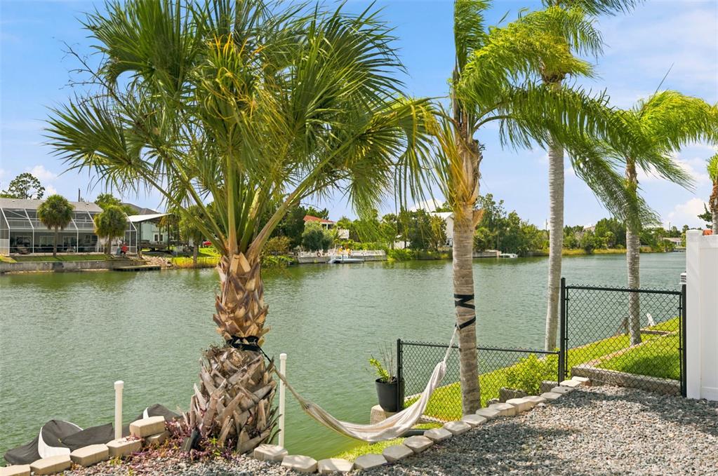 A hammock hangs between two palm trees overlooking a canal with houses in the background — 3199 AZALEA DRIVE, HERNANDO BEACH, FL