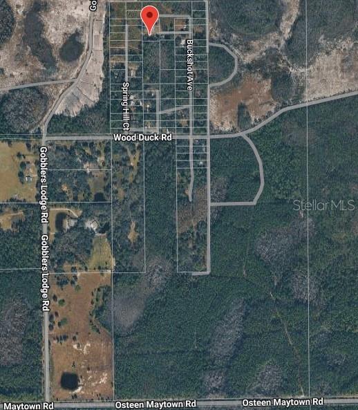 This is an aerial map showing a residential area with wooded lots and local roads — 574 THISTLE HILL DRIVE, OSTEEN, FL