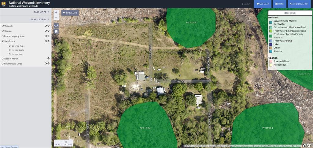 This is a map from the National Wetlands Inventory showing property boundaries and designated wetland areas — 574 THISTLE HILL DRIVE, OSTEEN, FL