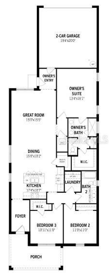 This is a floor plan for a single-story home with three bedrooms and a two-car garage — 13471 GOOD VIBES AVENUE, ORLANDO, FL
