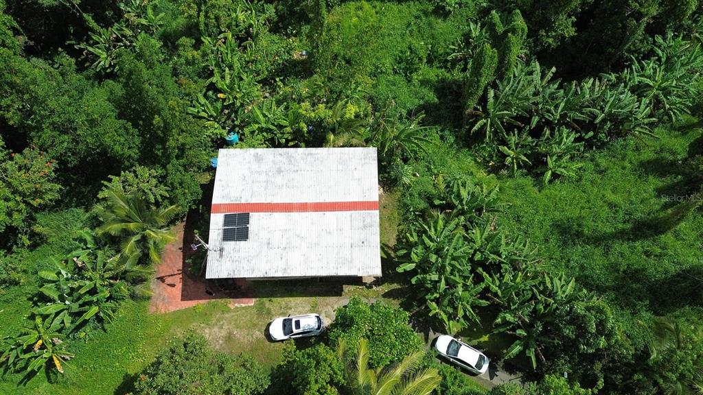 An aerial view shows a house with a white roof and solar panels amidst greenery — PR-183, SAN LORENZO, PR